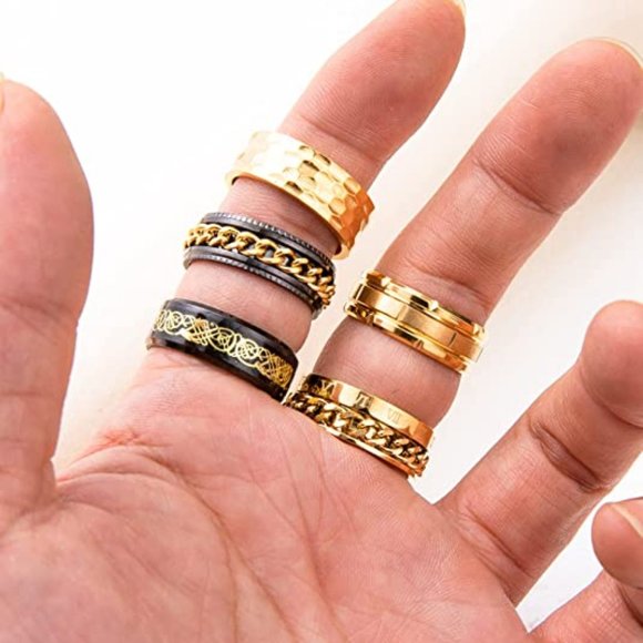 Gold-Plated, Stainless Steel Wide Band Wedding Ring - Multi Faceted Size 7 - Picture 10 of 15